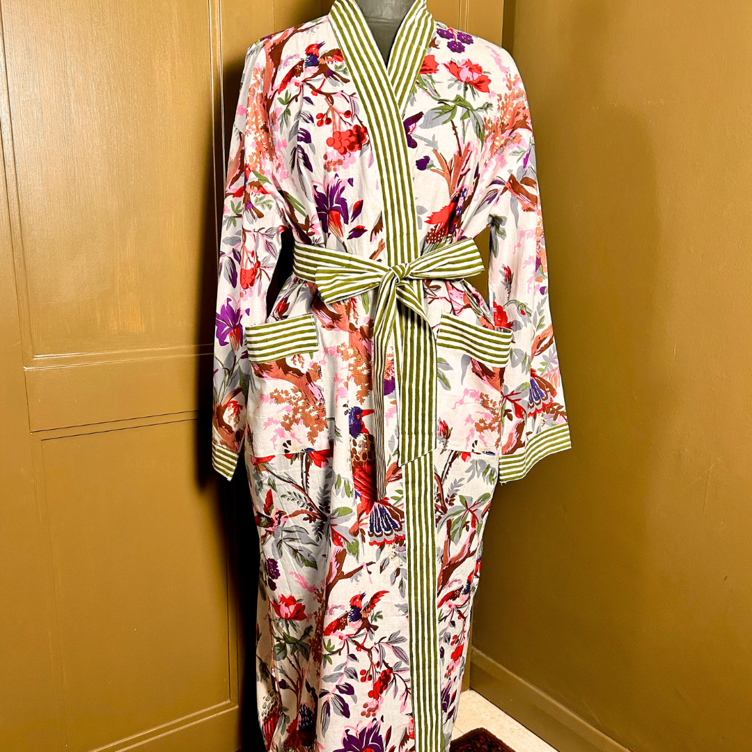 AUBREY long white cotton bird of paradise print belted dressing gown