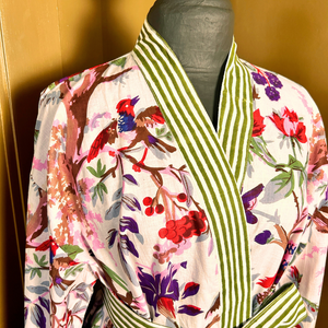AUBREY long white cotton bird of paradise print belted dressing gown