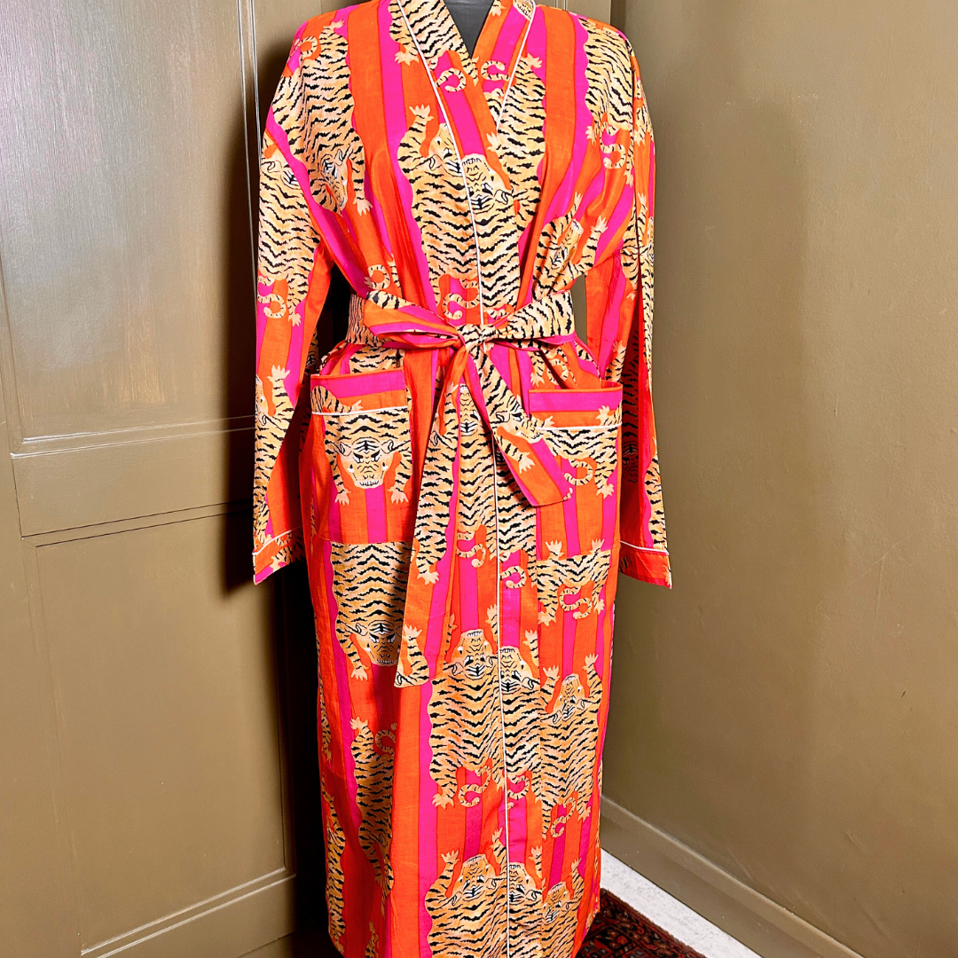 AUBREY long orange and pink stripe tiger print belted dressing gown