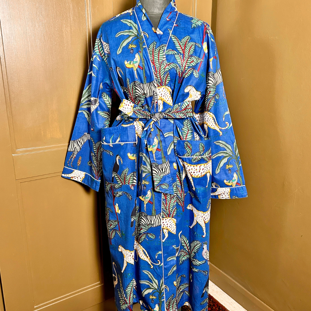 AUBREY long royal blue cotton jungle print belted dressing gown