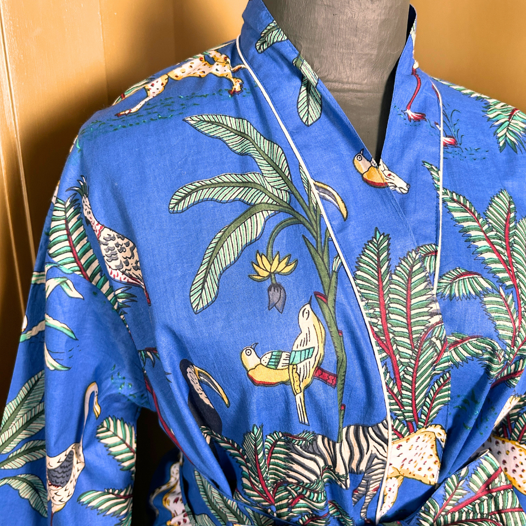 AUBREY long royal blue cotton jungle print belted dressing gown