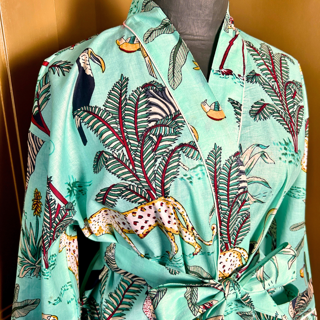 AUBREY long aqua cotton jungle print belted dressing gown