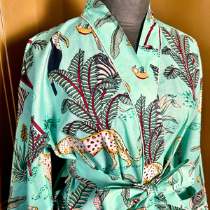 AUBREY long aqua cotton jungle print belted dressing gown