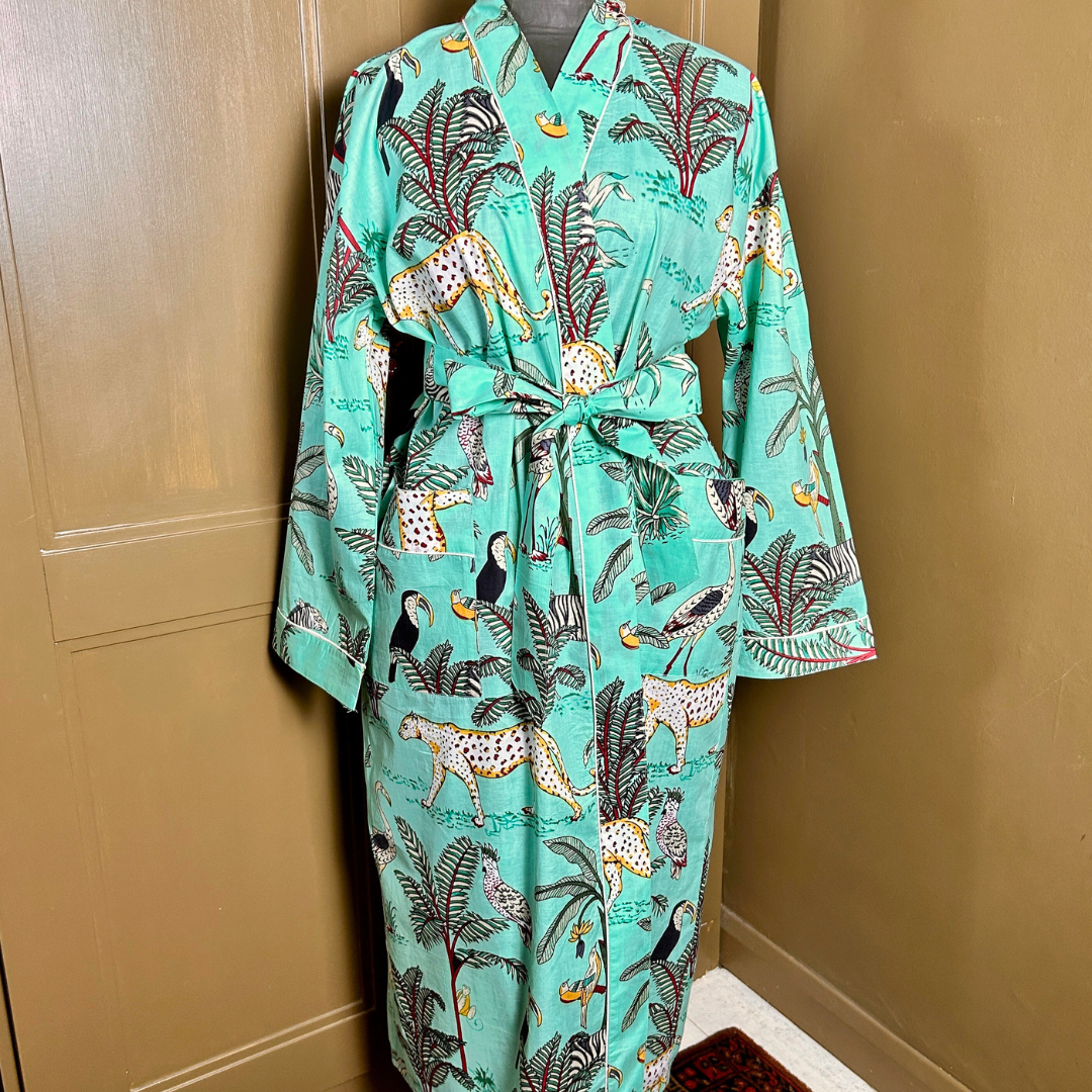 AUBREY long aqua cotton jungle print belted dressing gown