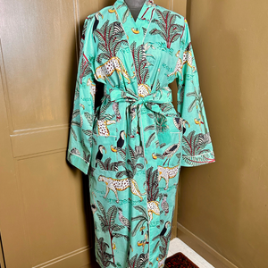 AUBREY long aqua cotton jungle print belted dressing gown