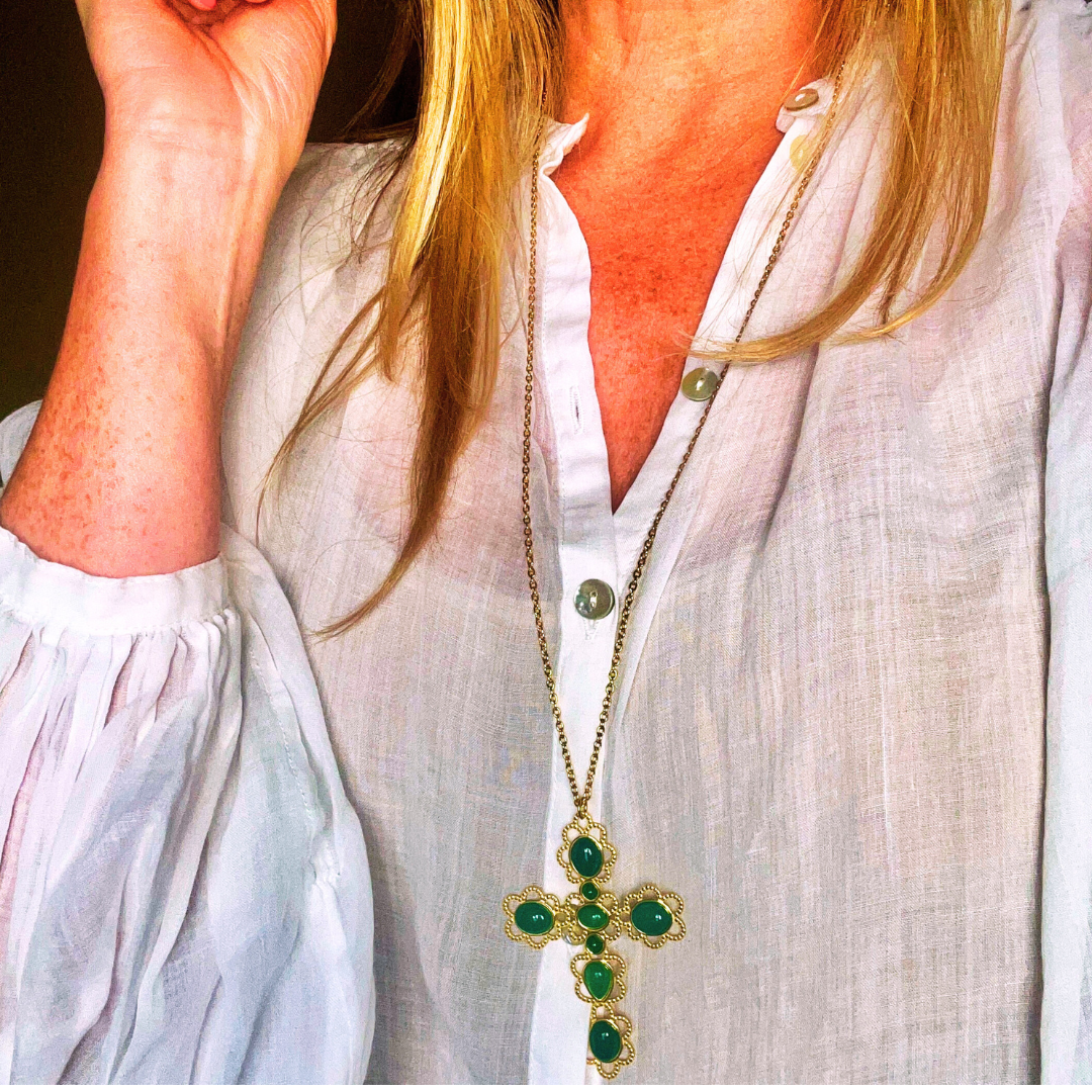 MARIA long chain necklace with jewelled cross pendant