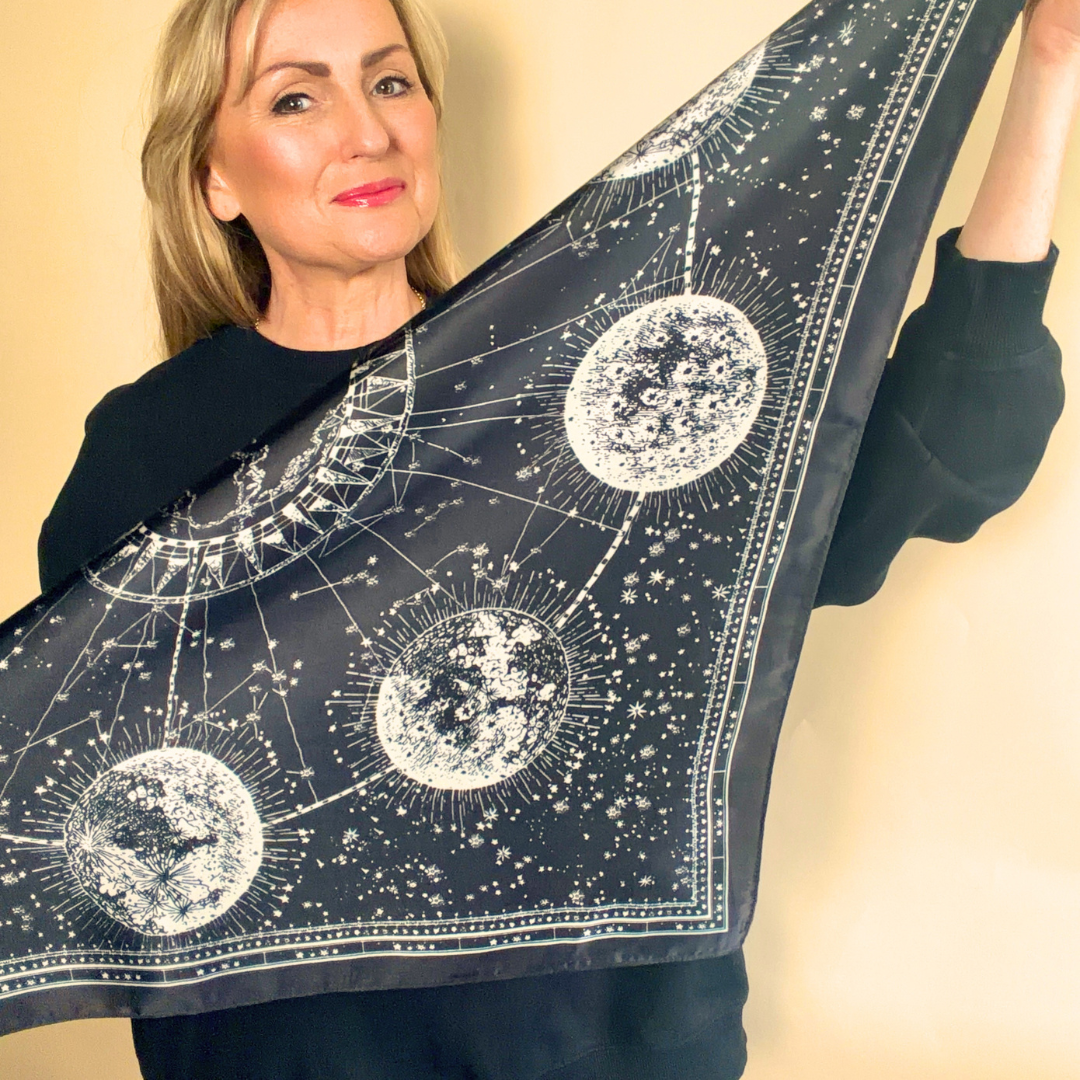 CHILHAM square satin-feel scarf with celestial design