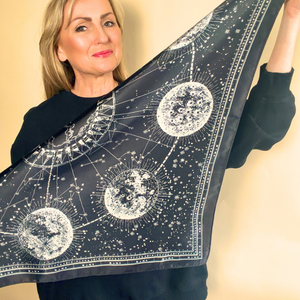 CHILHAM square satin-feel scarf with celestial design