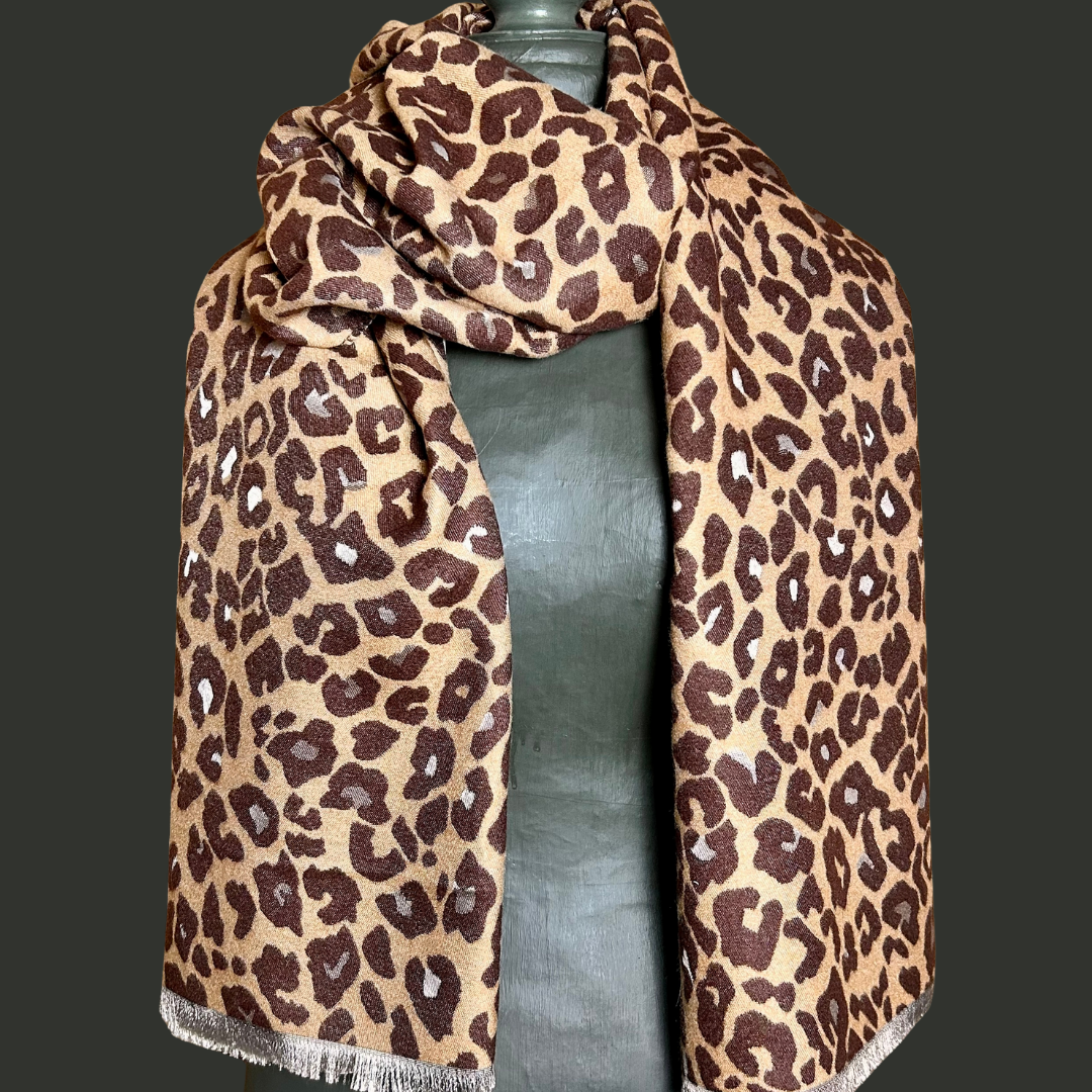 PICCADILLY leopard print long fringe scarf