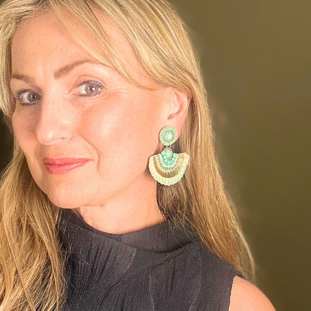 LILLIAN medium-sized sequin and bead fan-shaped drop earrings