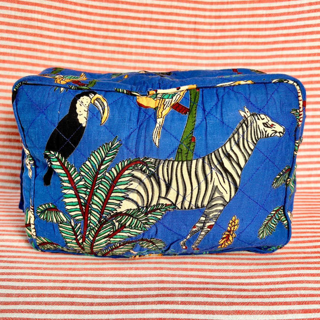 BLAKE large royal blue cotton jungle print wash bag