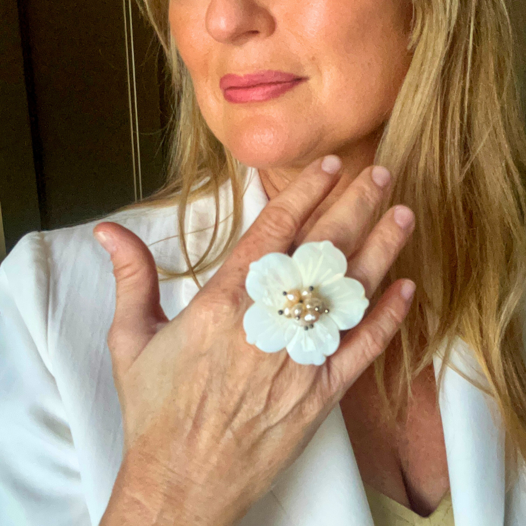 KATE resin and beaded oversized flower cocktail ring