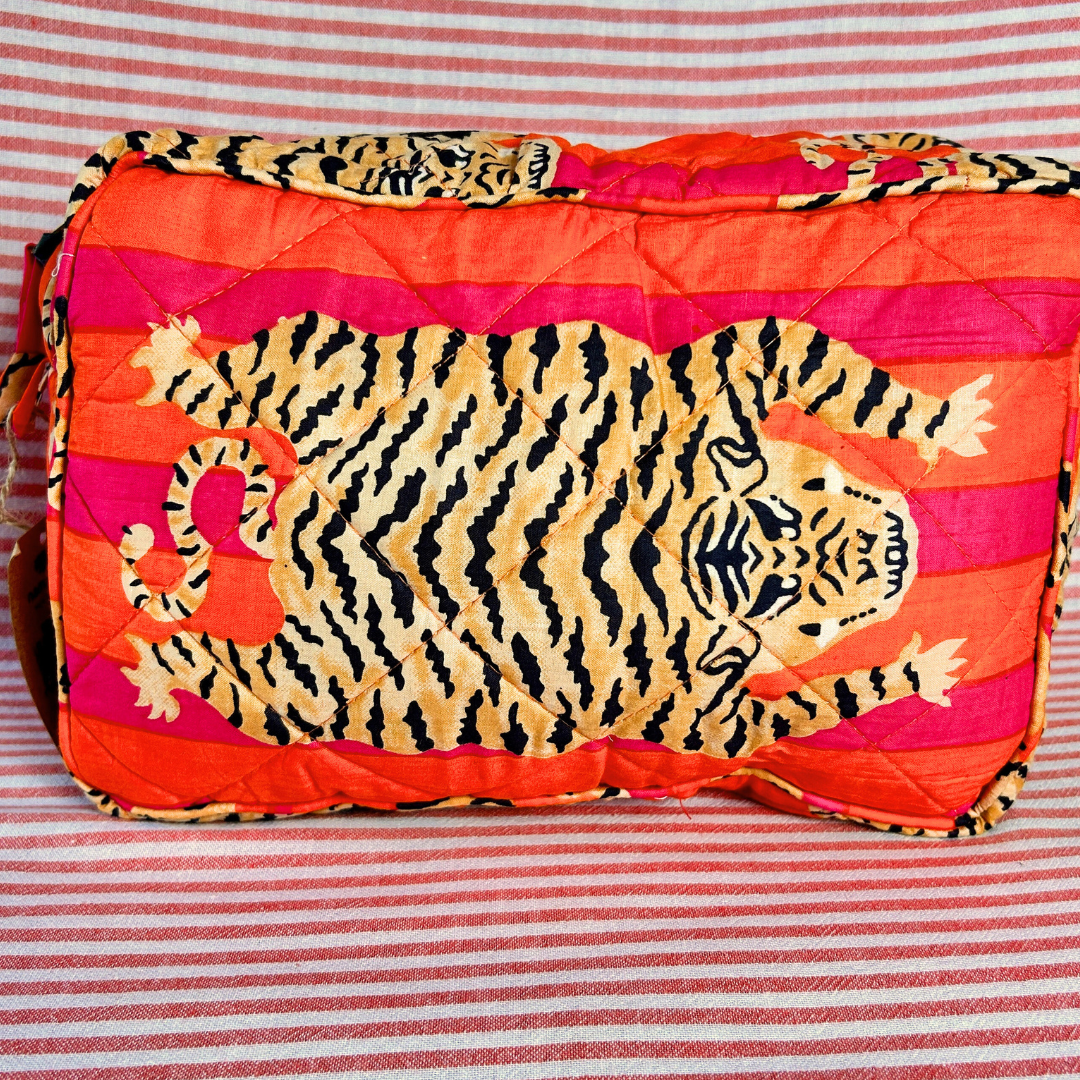 BLAKE large orange and fuchsia cotton tiger print wash bag