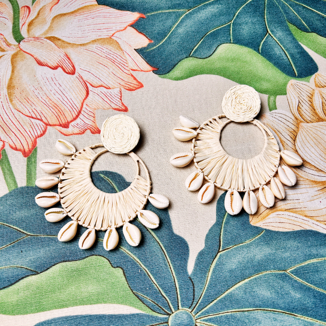 PENNY oversized raffia and shell drop earrings