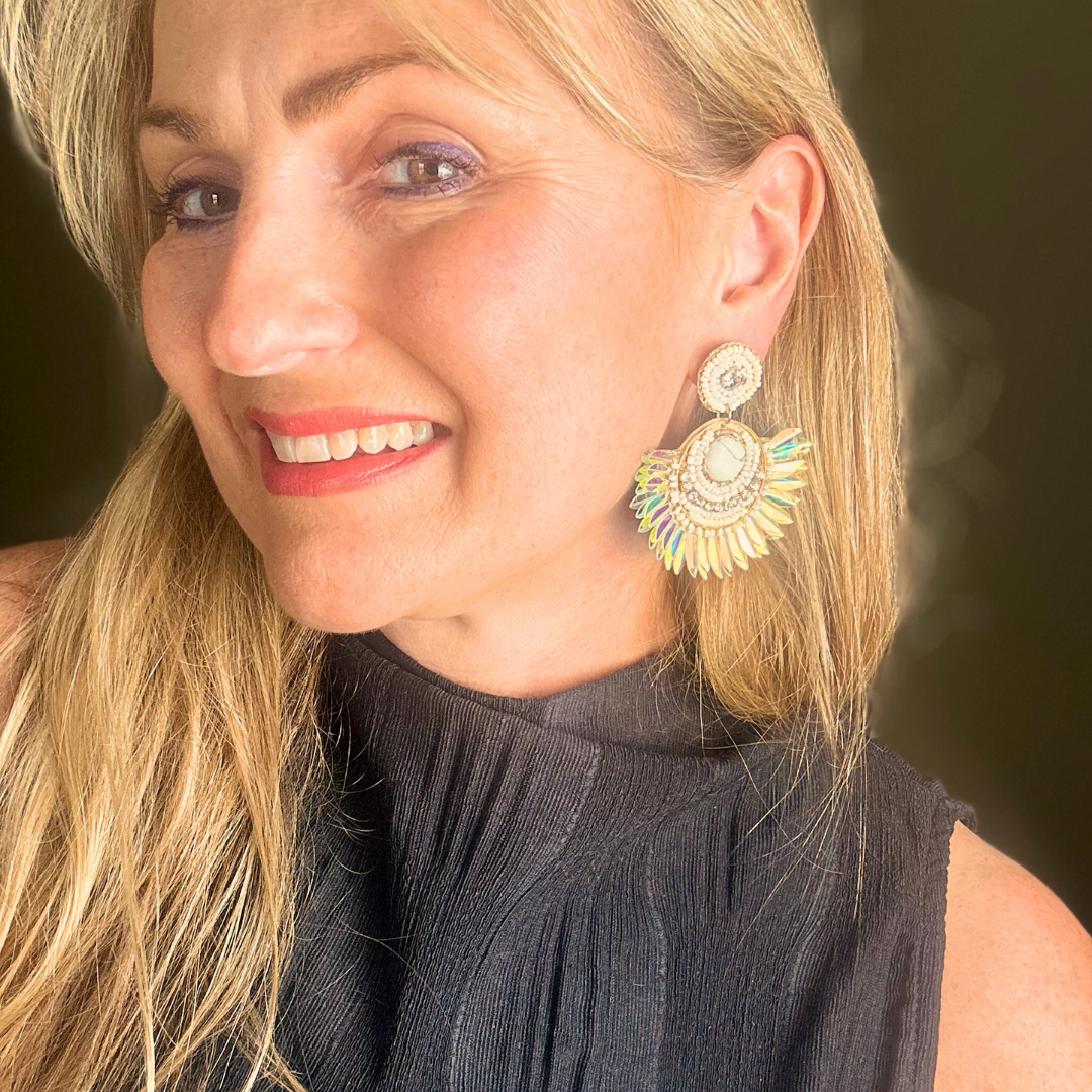 SASKIA fan-shaped statement beaded drop earrings