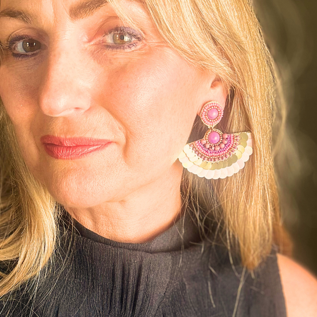 LILLIAN sequin and bead fan-shaped drop earrings