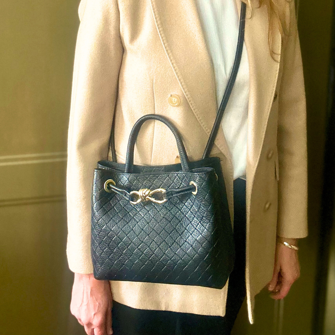VINCENZA woven leather handbag with gold knot design