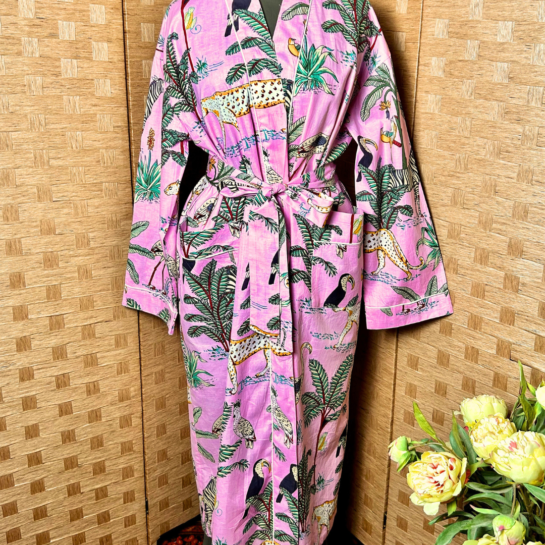 AUBREY long sugar pink cotton jungle print belted dressing gown