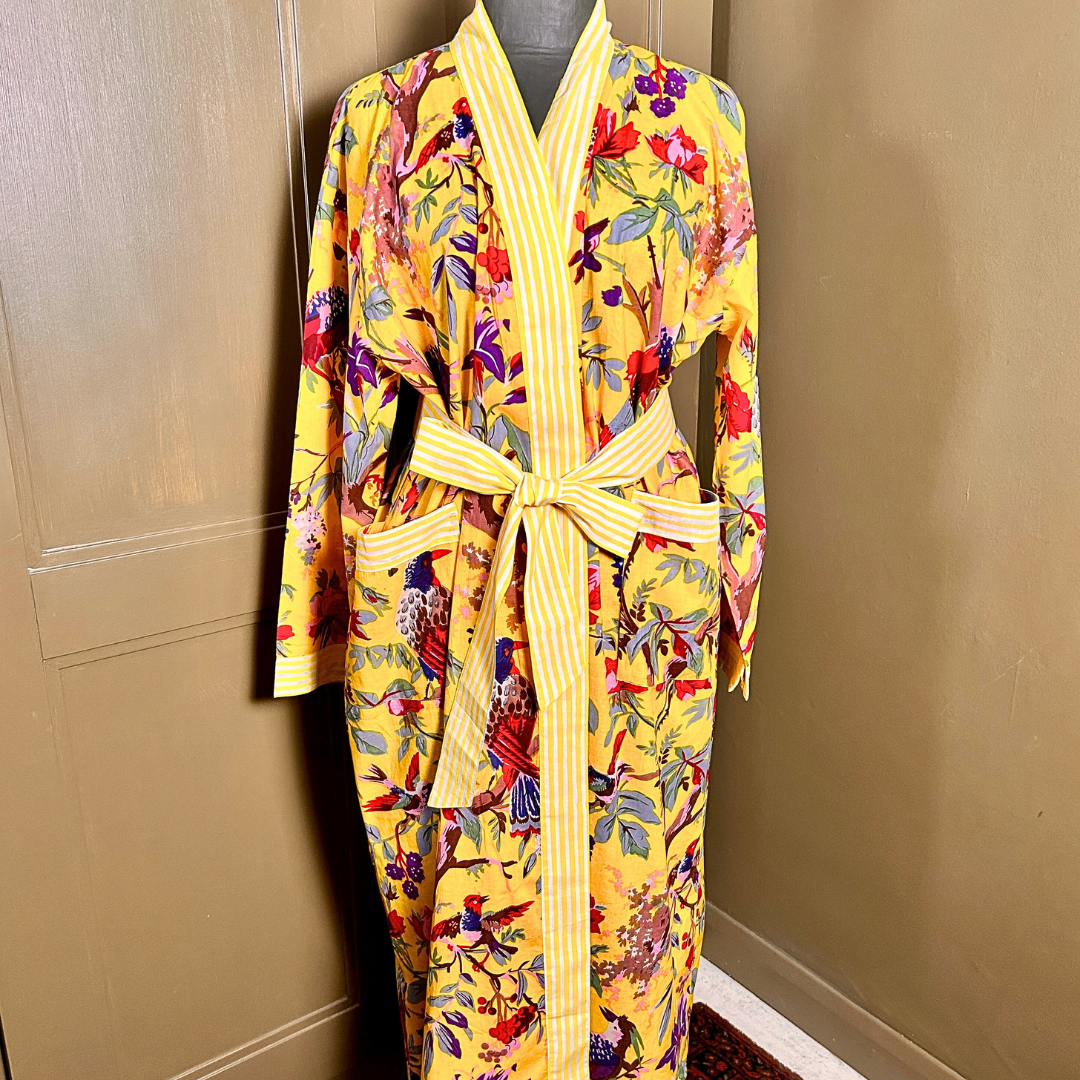AUBREY long yellow cotton bird of paradise print belted dressing gown