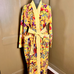 AUBREY long yellow cotton bird of paradise print belted dressing gown