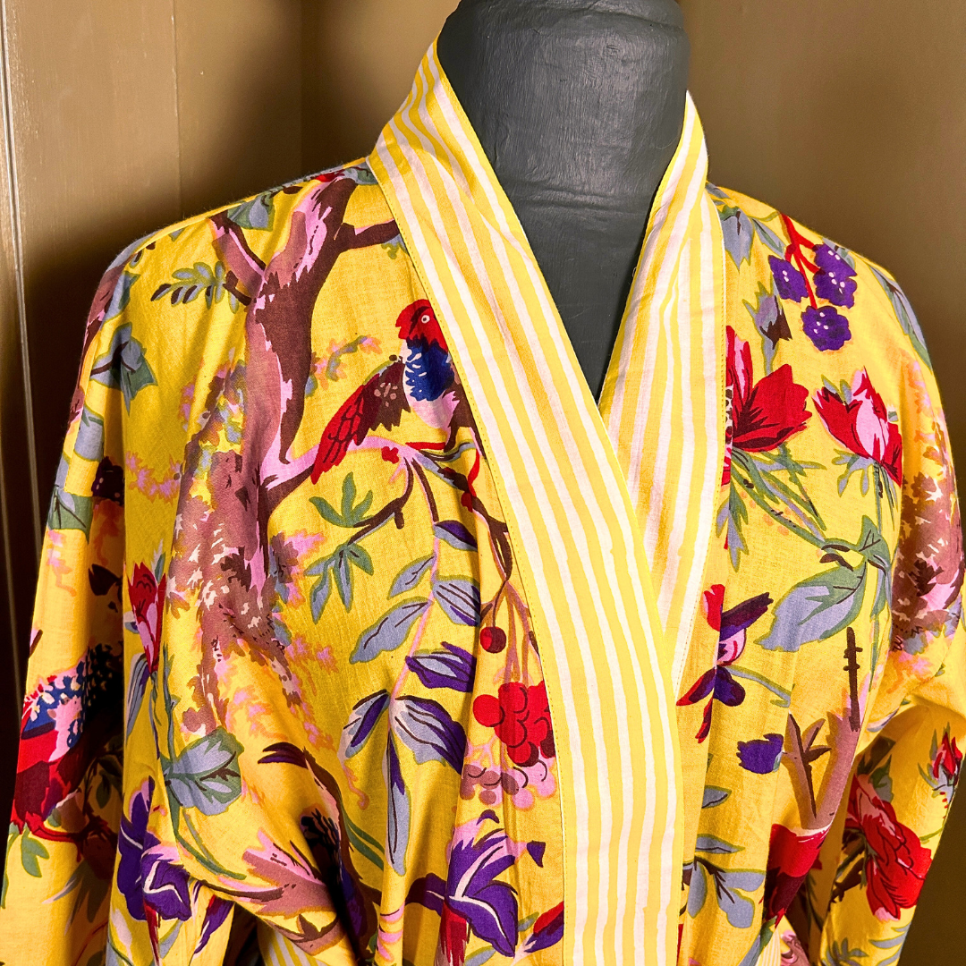 AUBREY long yellow cotton bird of paradise print belted dressing gown