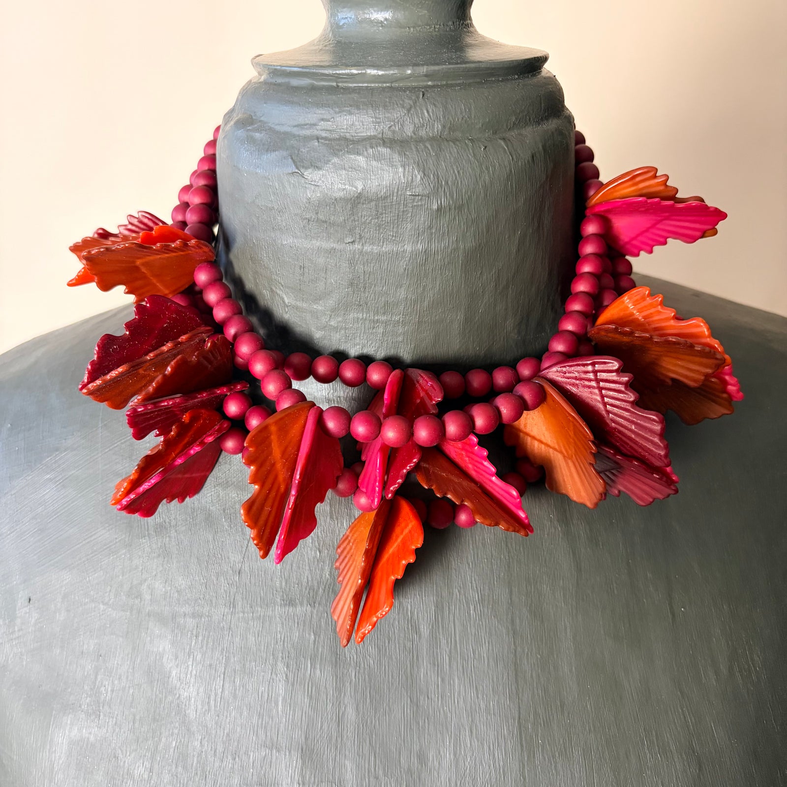 Wooden bead & resin leaf statement necklace ' SAI'