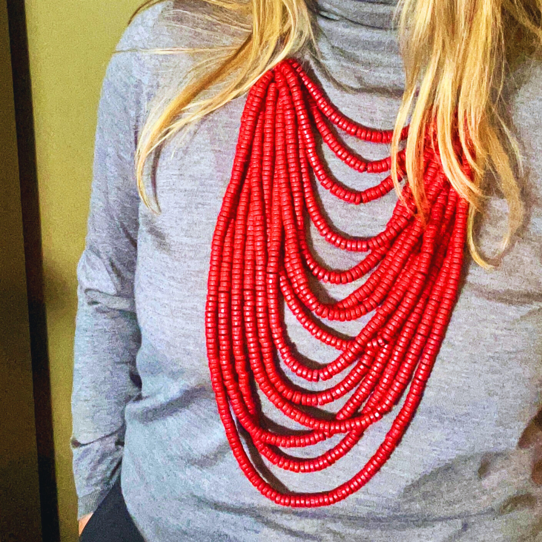 EVELYN wooden beaded statement bib necklace