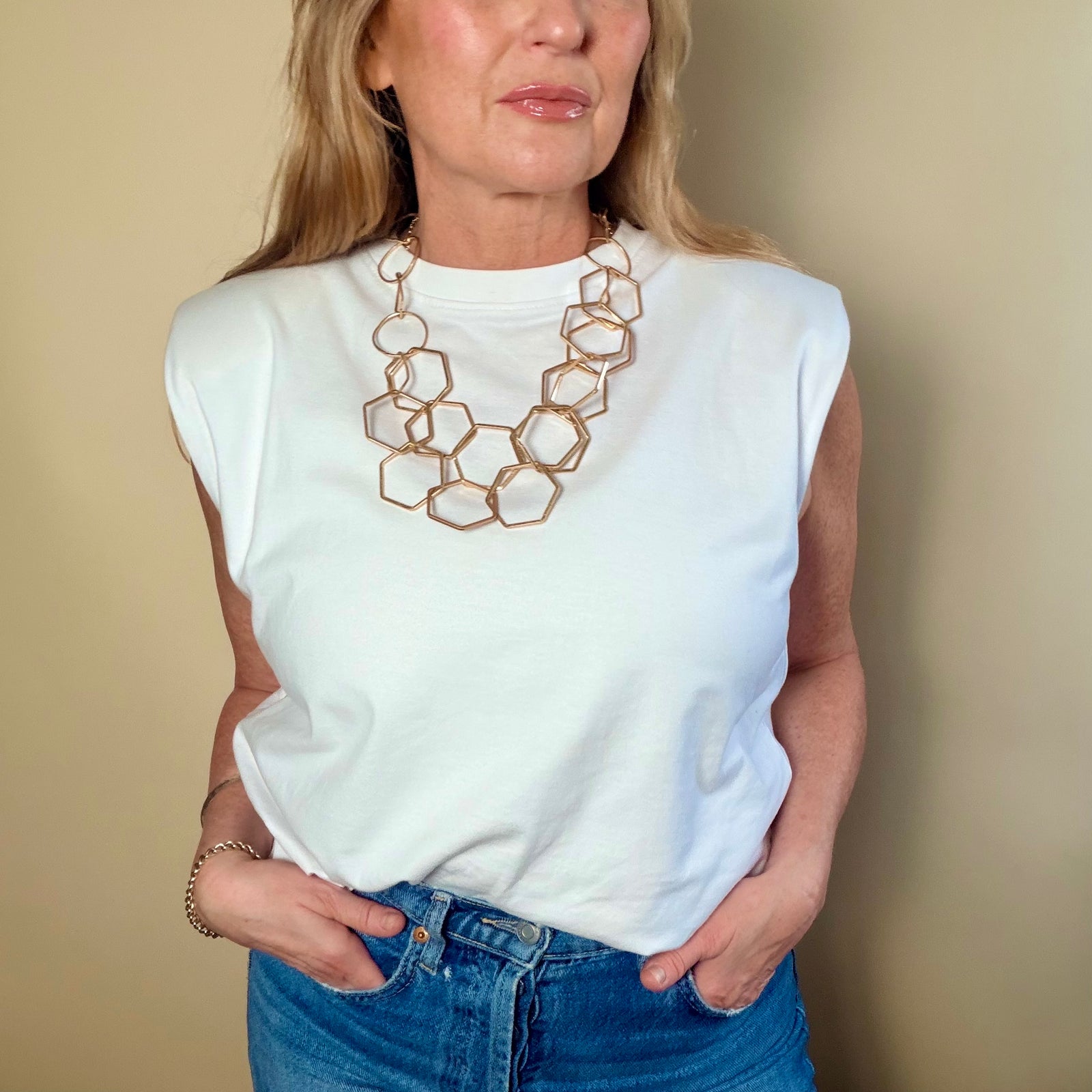 Elaine - double chain metal hexagon link choker necklace