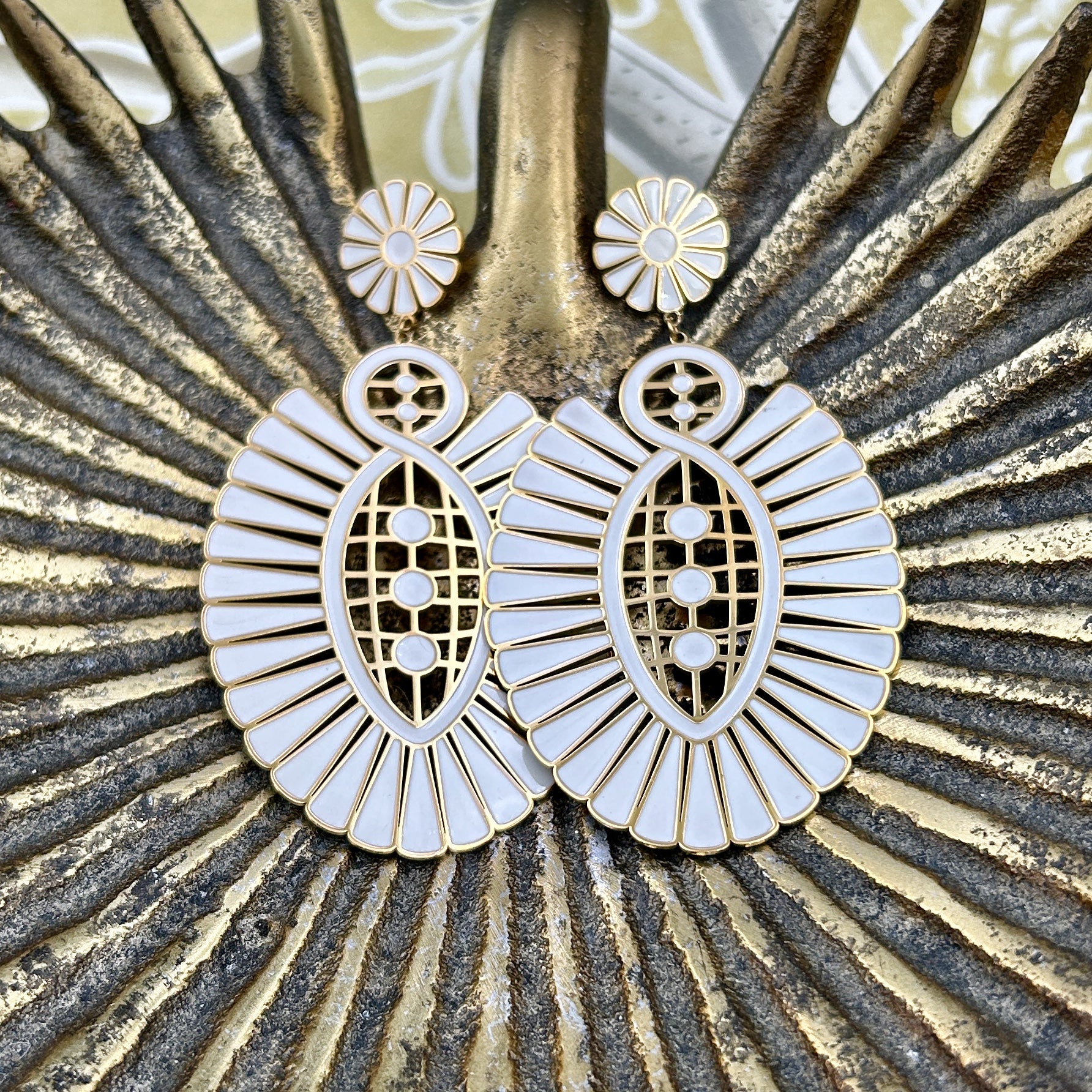 'Beatrice' enamel fan shape drop earrings