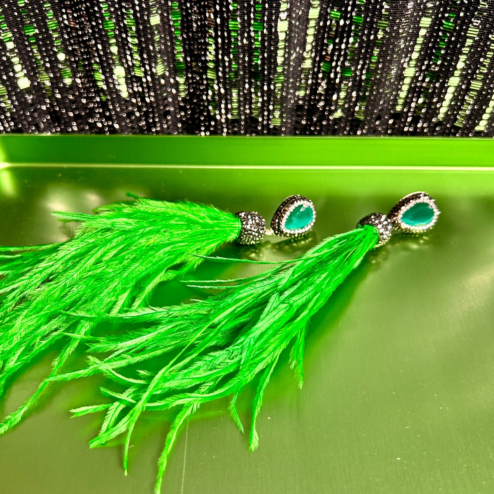 OLIVIA handmade green cat's eye gemstone, crystal and feather drop earrings