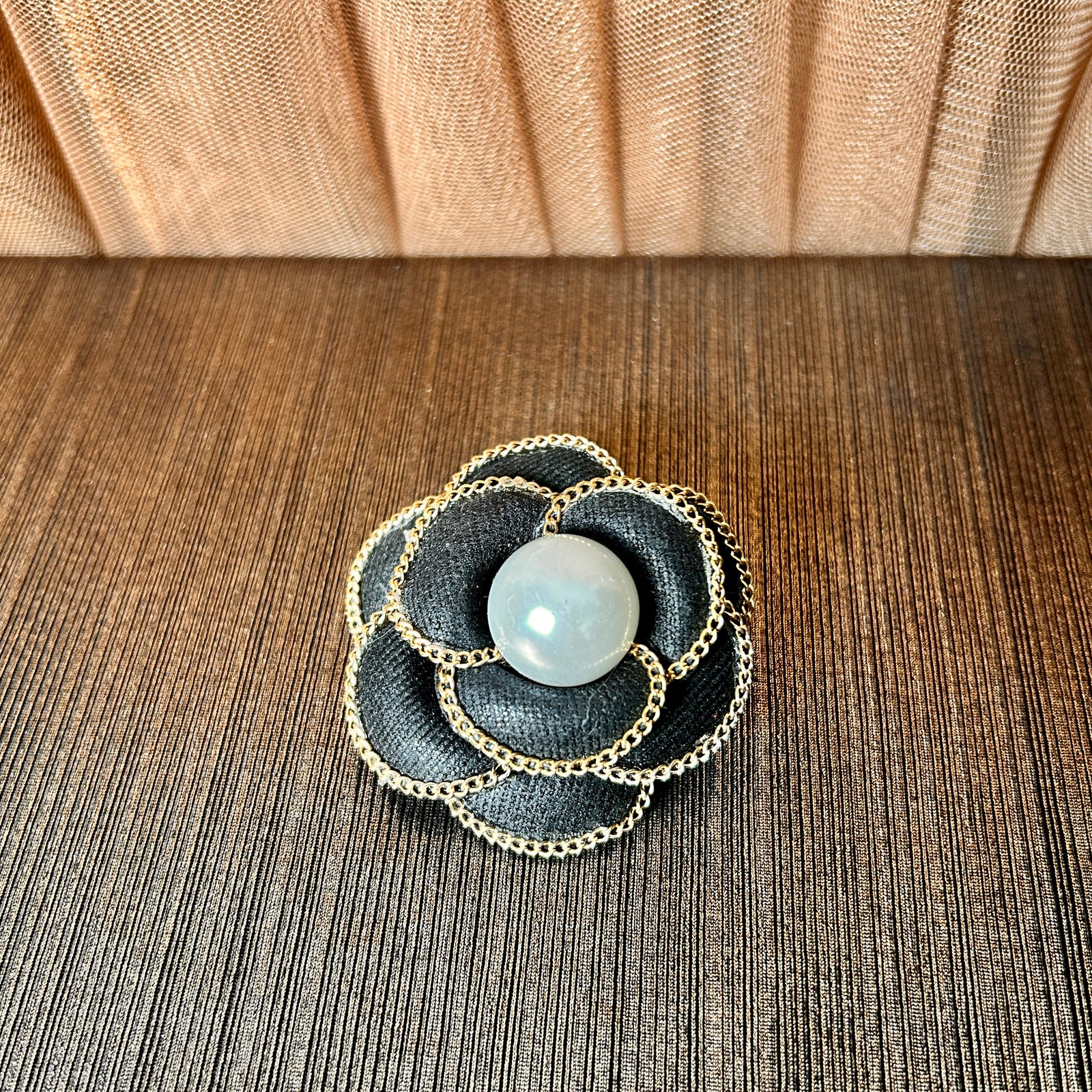 CAMELIA fabric flower brooch with chain edge