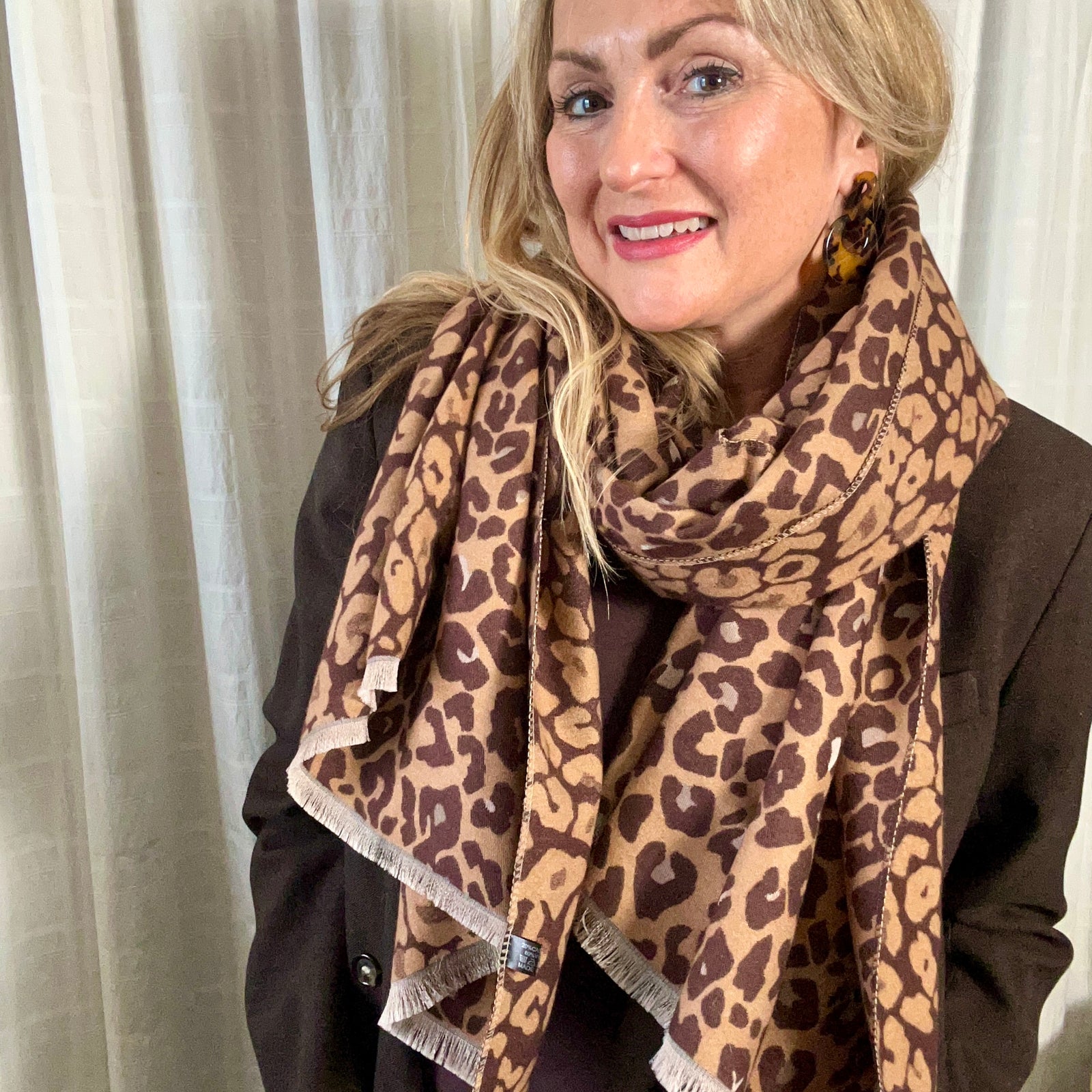 PICCADILLY leopard print long fringe scarf