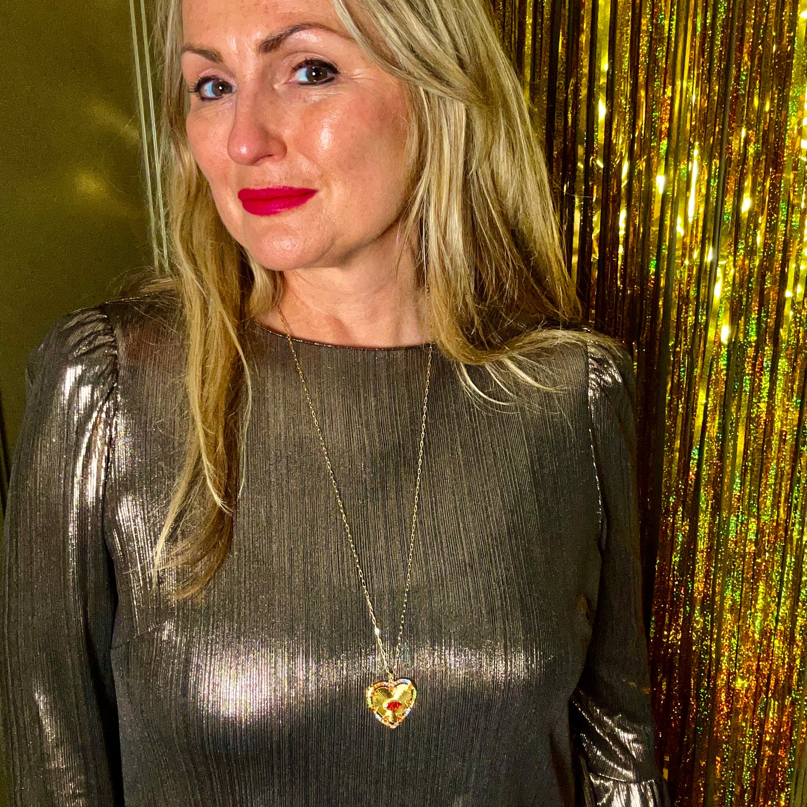 BELLA long chain necklace with blood orange crystal heart and eye pendant