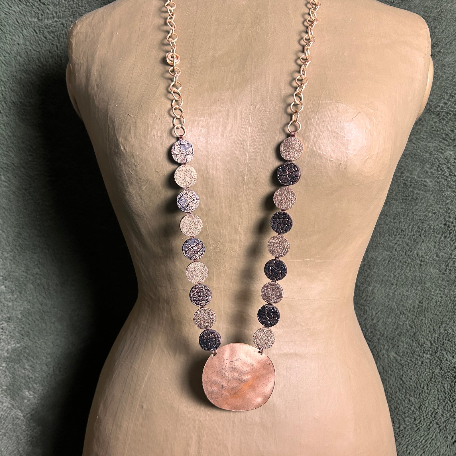 PHILIPPA long metal and suede disc pendant necklace