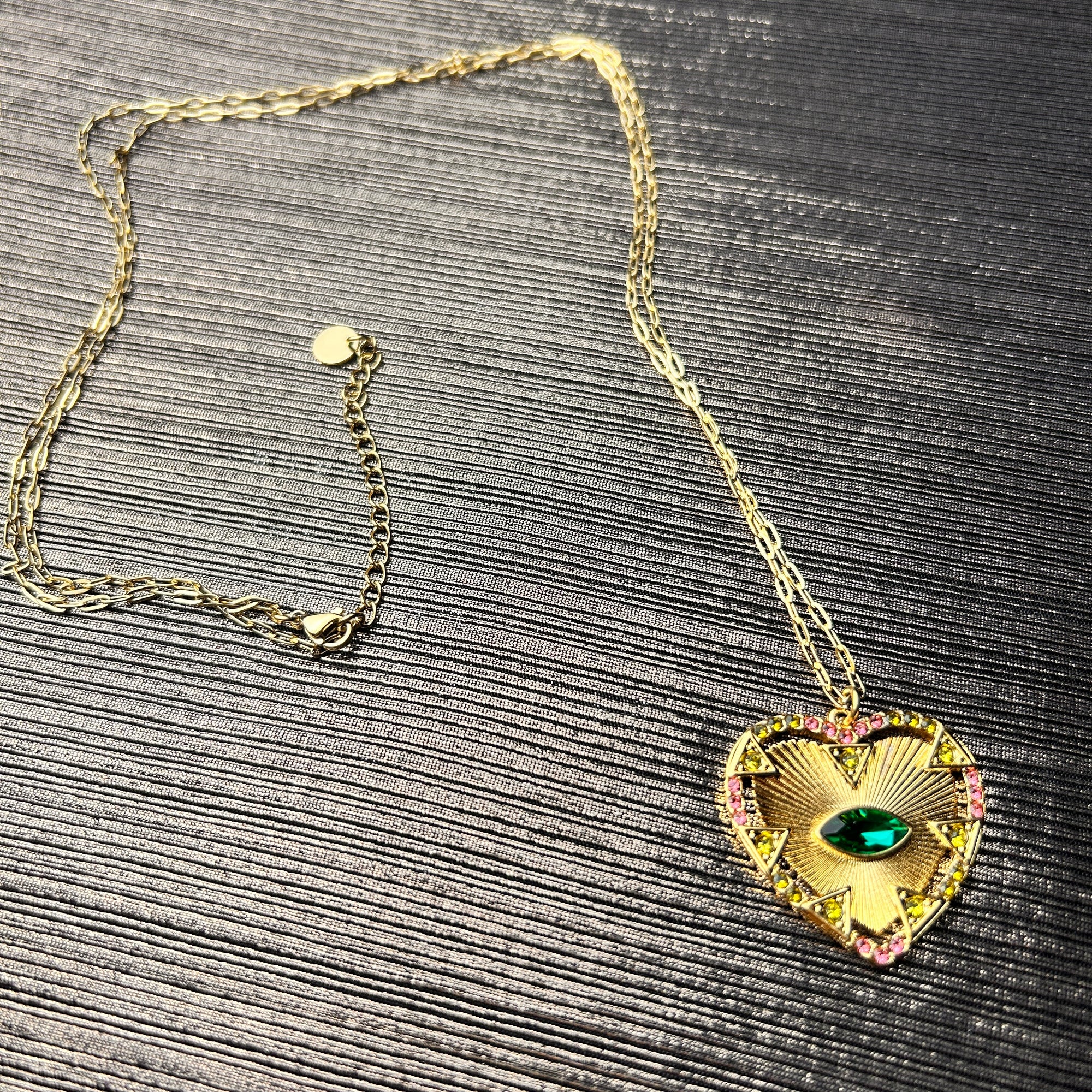 'Bella' long chain necklace with crystal heart and eye pendant