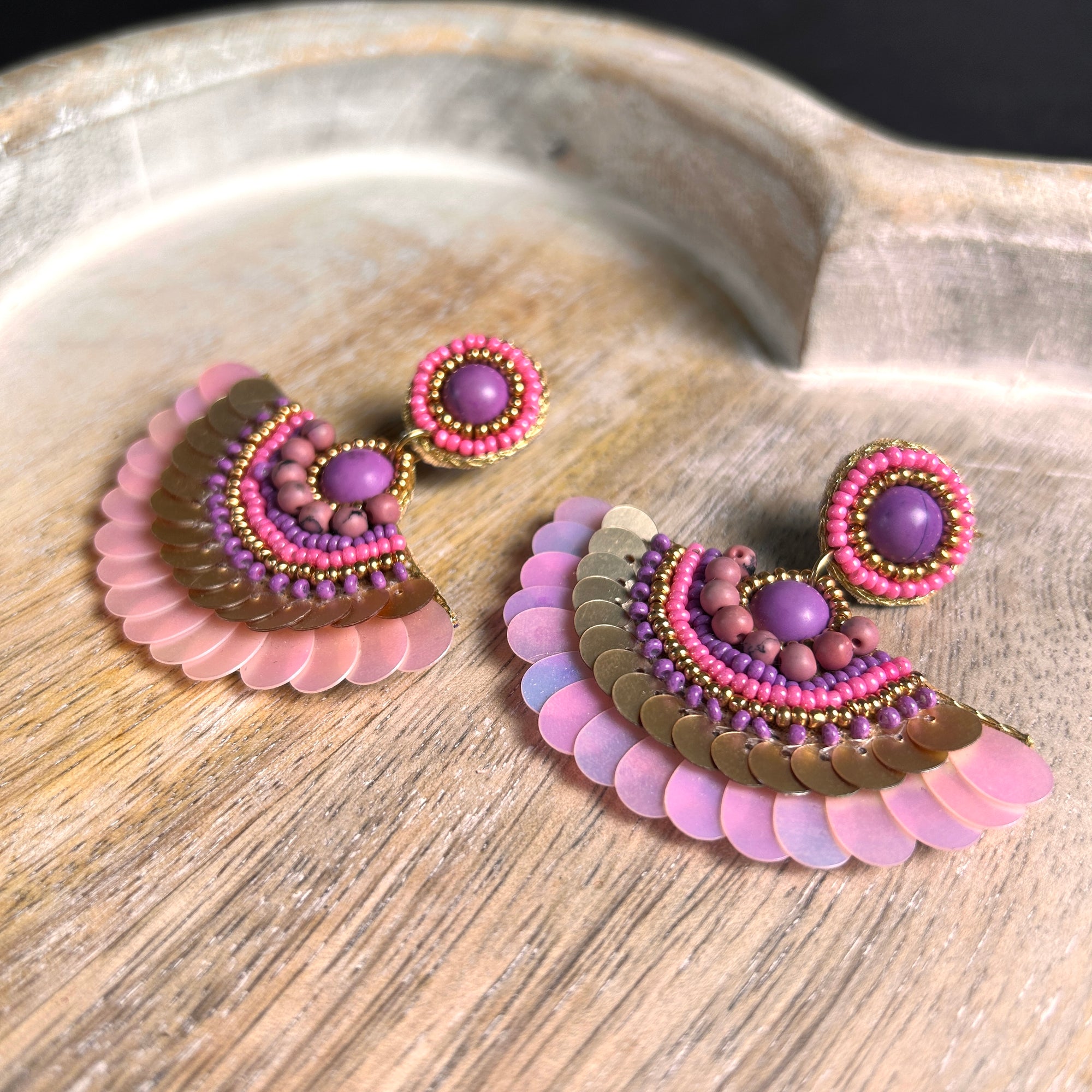 'Lillian' sequin and bead fan-shaped drop earrings