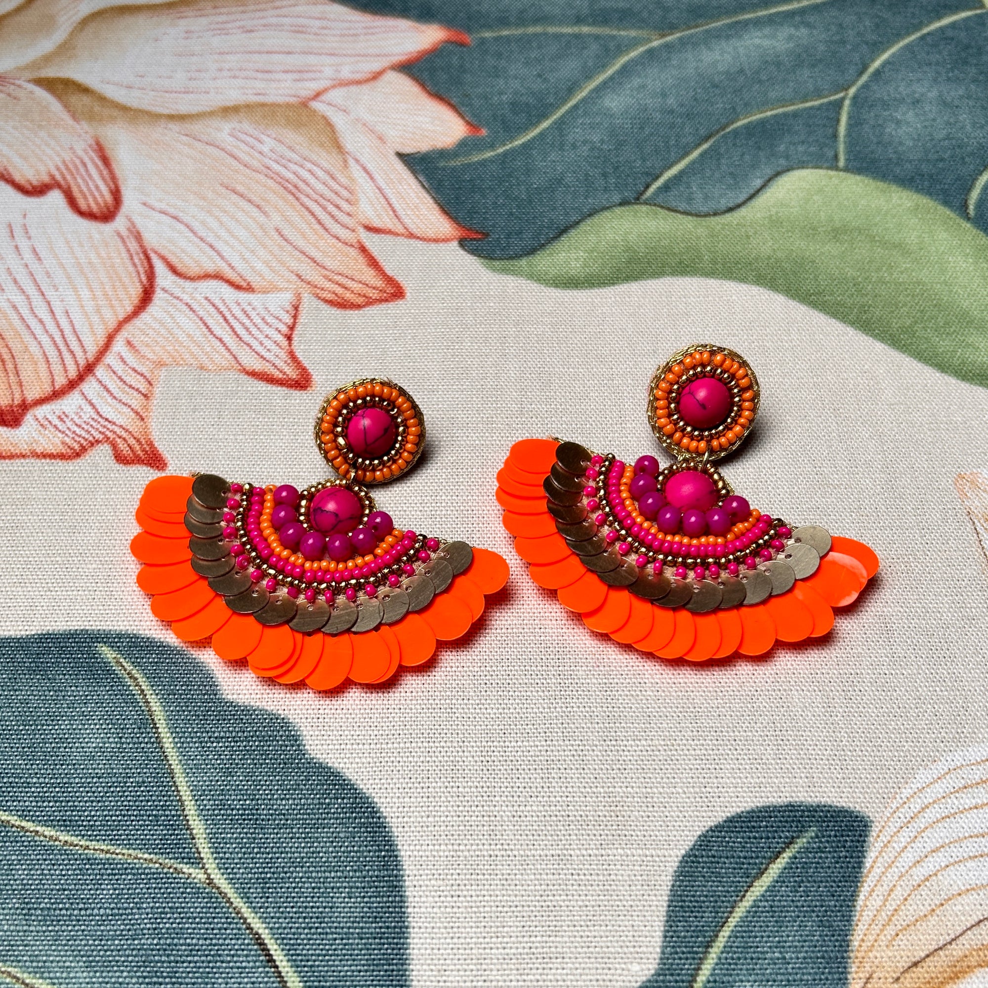 'Lillian' sequin and bead fan-shaped drop earrings