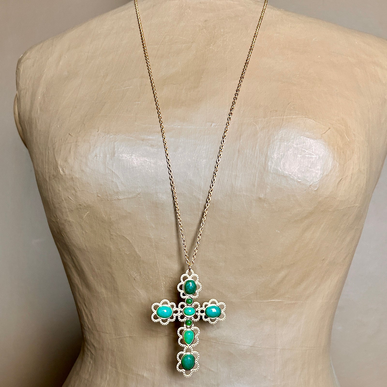 MARIA long chain necklace with jewelled cross pendant