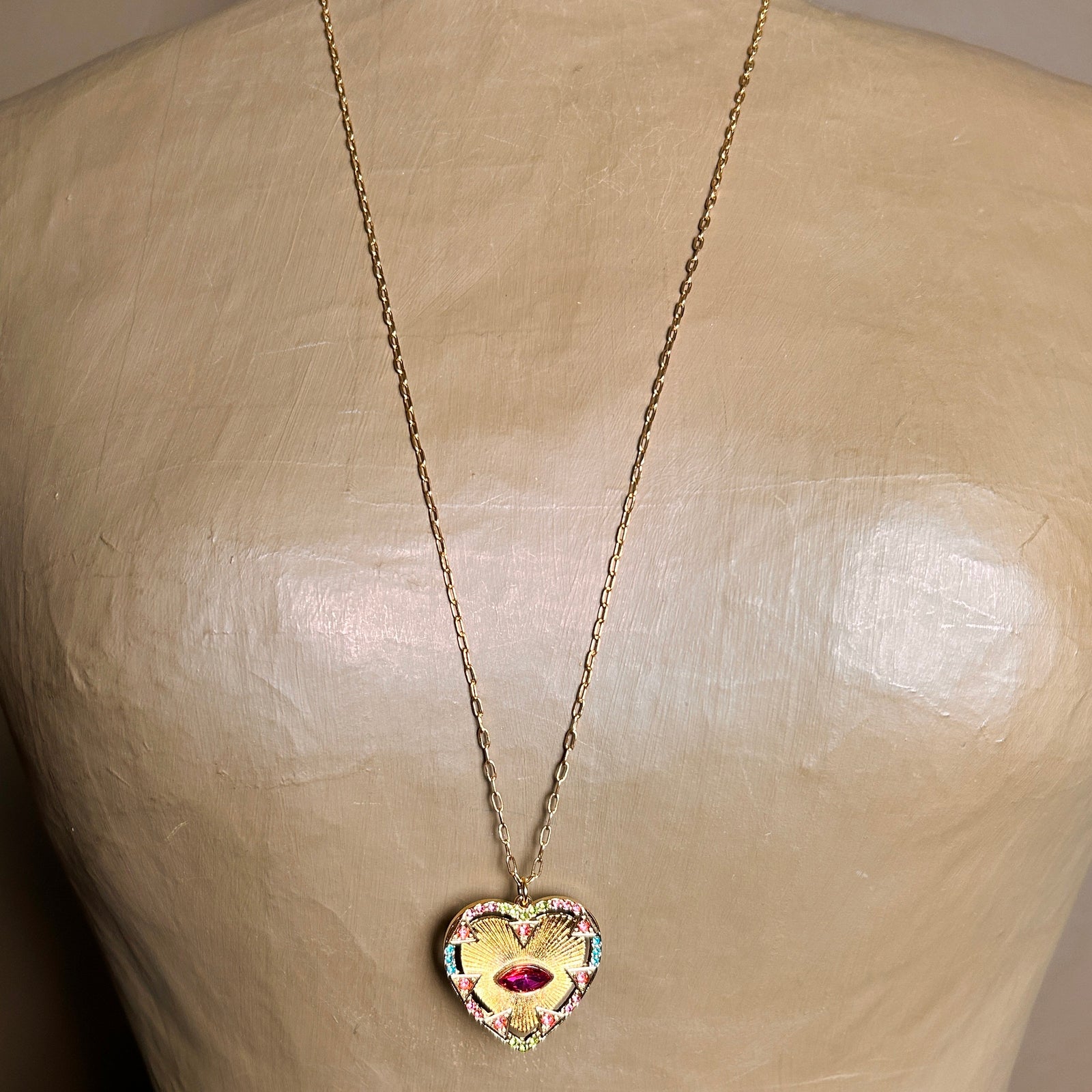 BELLA long chain with fuchsia pink crystal heart and eye pendant necklace