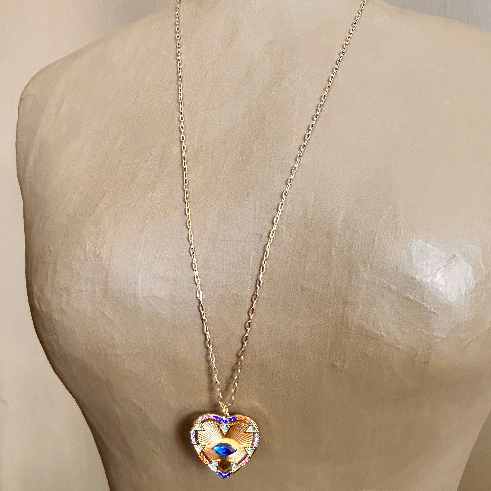 BELLA long chain necklace with electric blue crystal heart and eye pendant