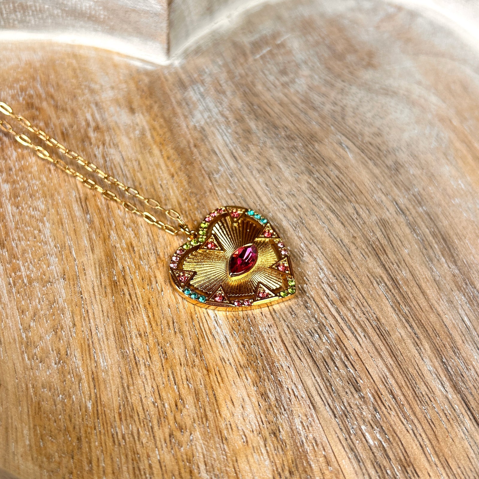 BELLA long chain with fuchsia pink crystal heart and eye pendant necklace