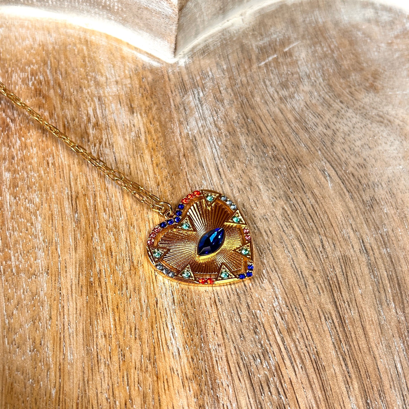 BELLA long chain necklace with electric blue crystal heart and eye pendant