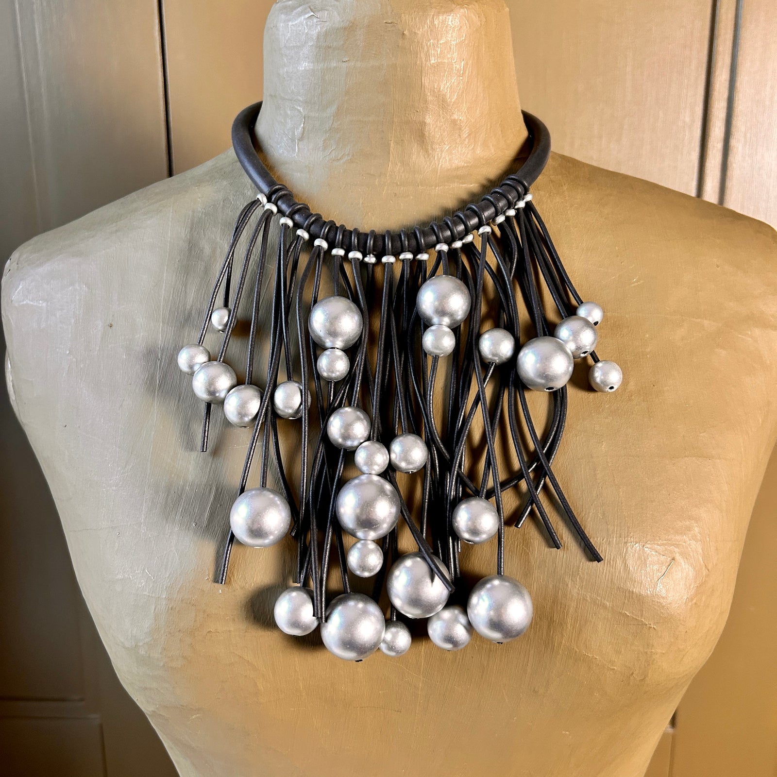 COSIMA rubber and silver ball fringe choker necklace