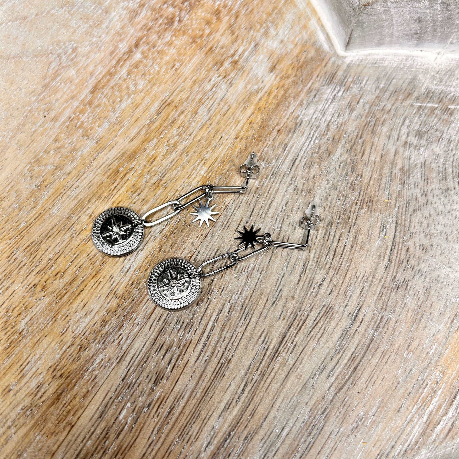 AURORA paperclip, star and disc drop earrings