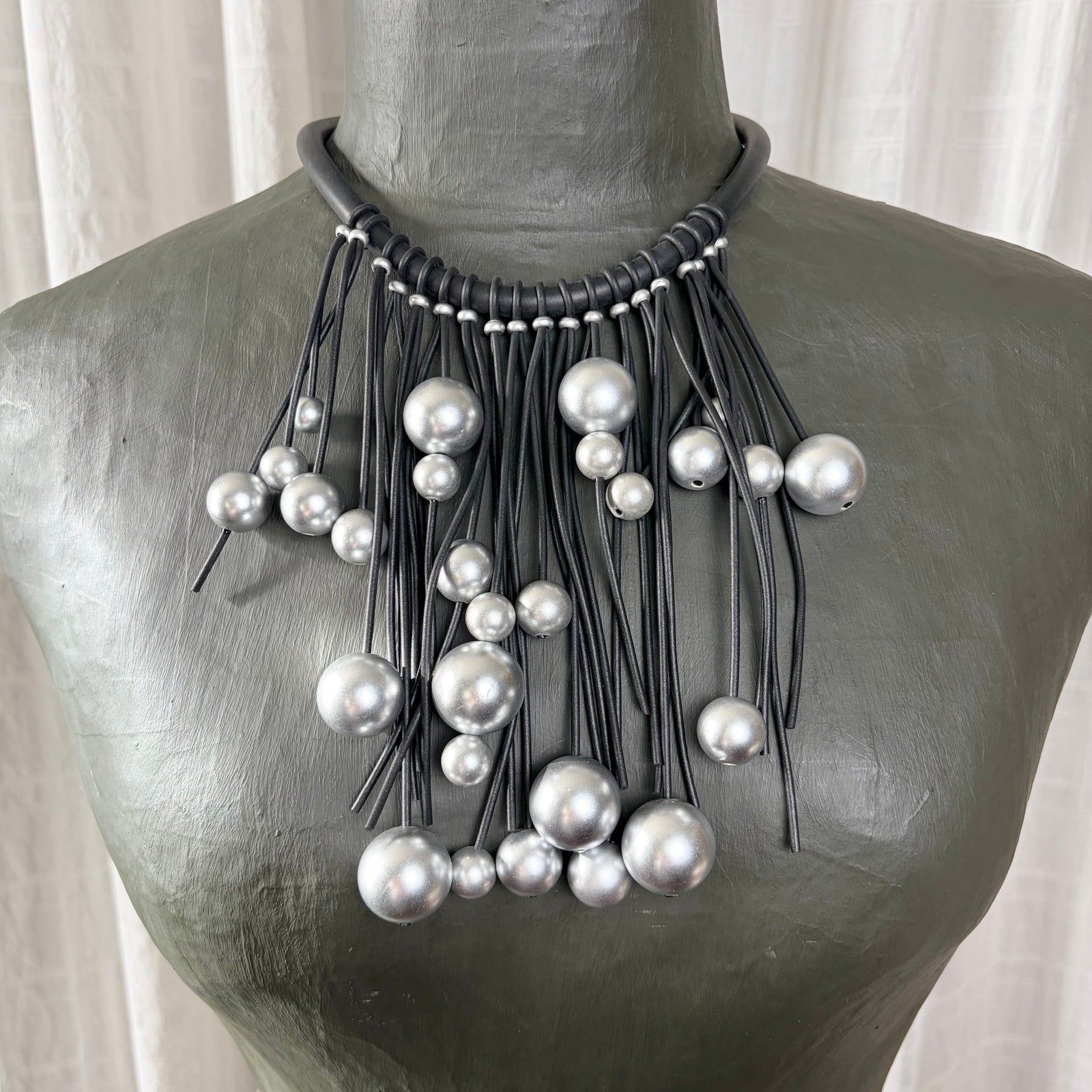 COSIMA rubber and silver ball fringe choker necklace