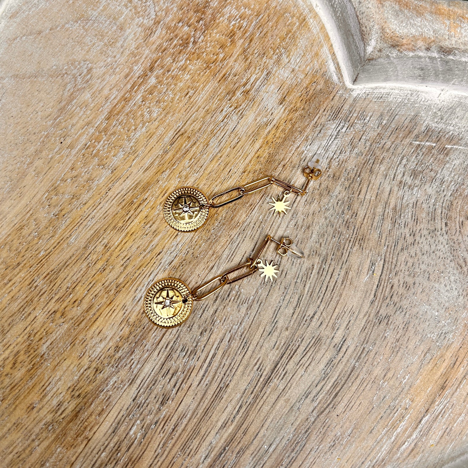 AURORA paperclip, star and disc drop earrings