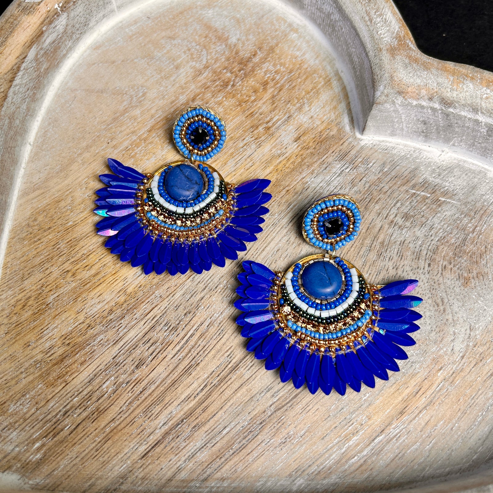 SASKIA fan-shaped statement beaded drop earrings