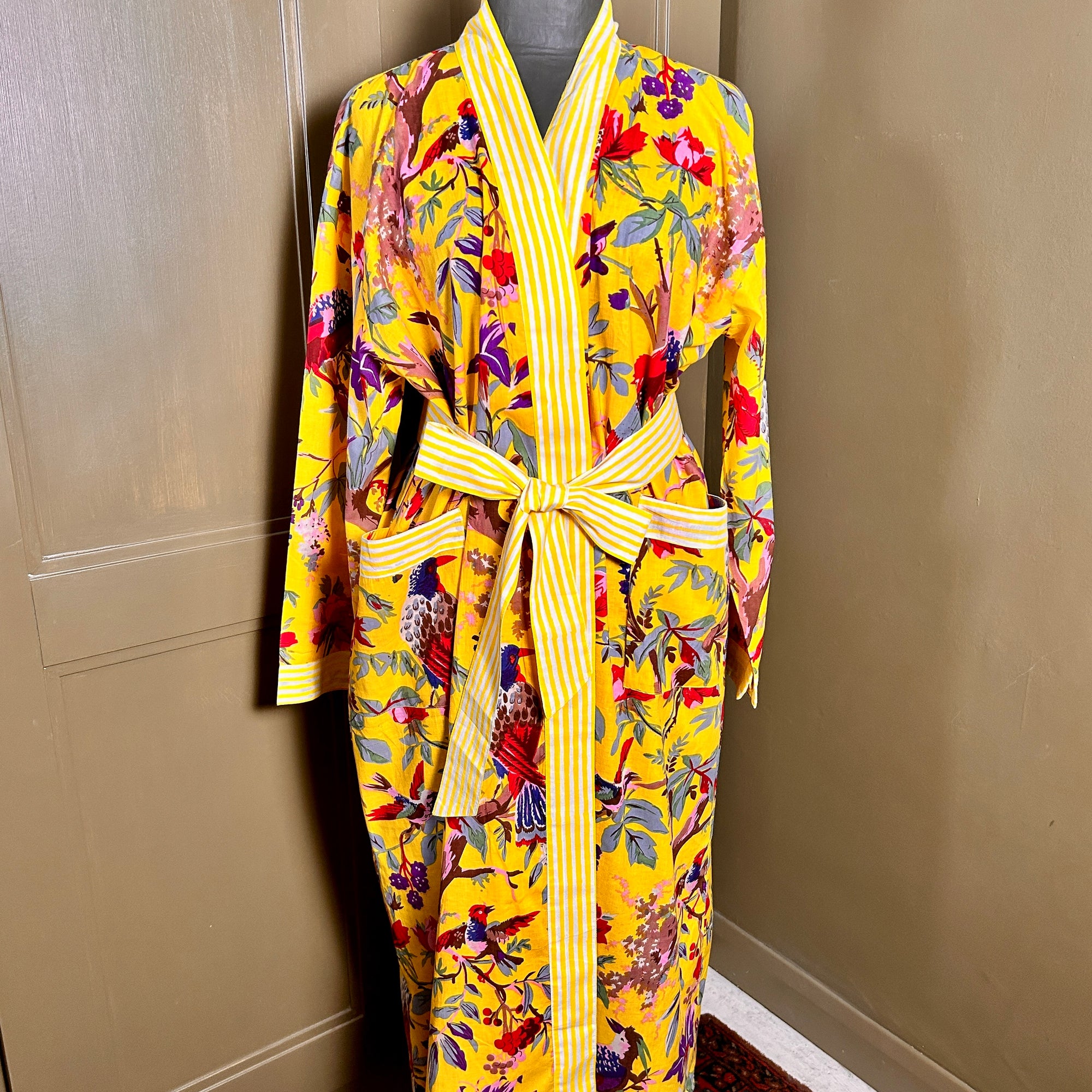 AUBREY long yellow cotton bird of paradise print belted dressing gown