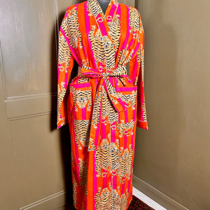 AUBREY long orange and pink stripe tiger print belted dressing gown