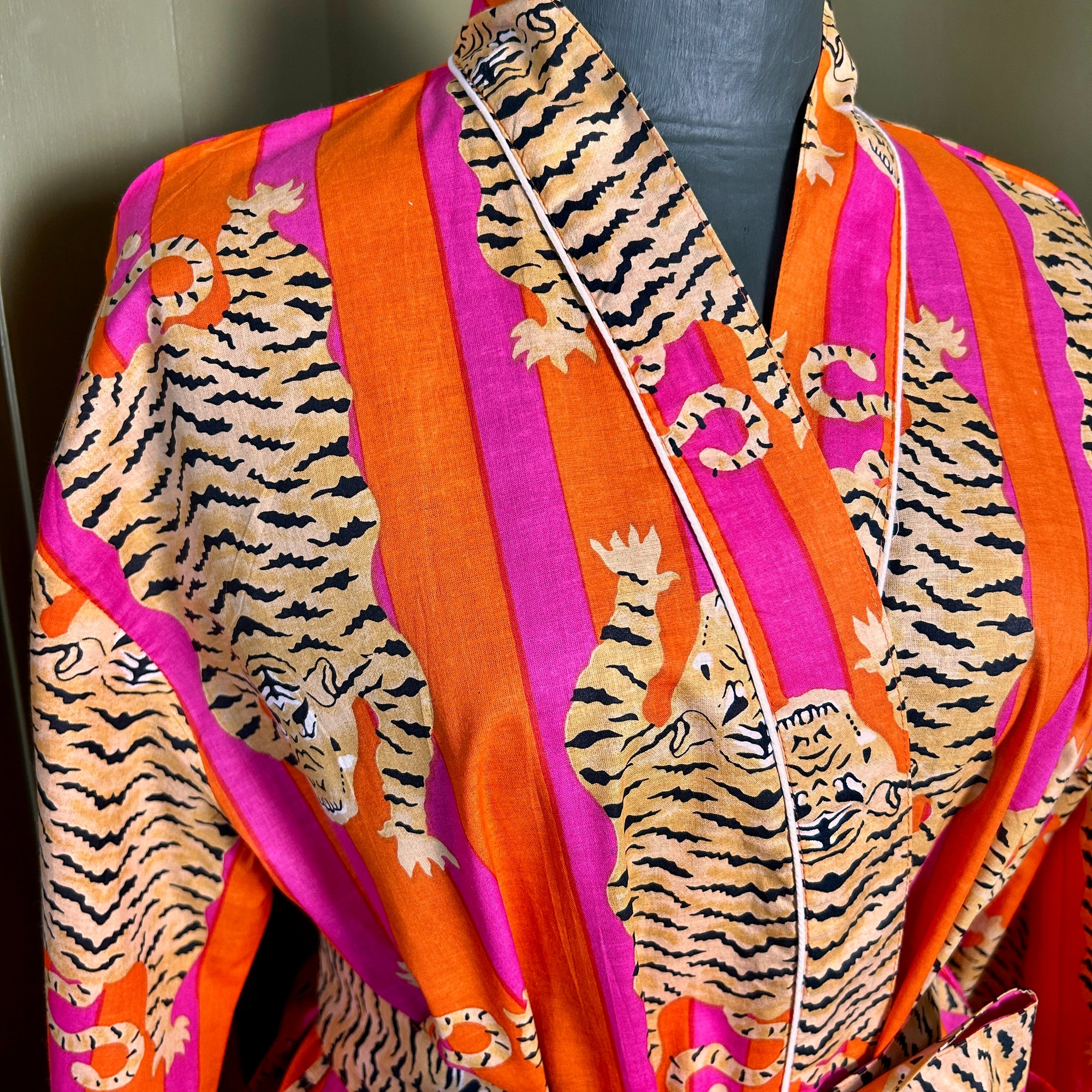 AUBREY long orange and pink stripe tiger print belted dressing gown